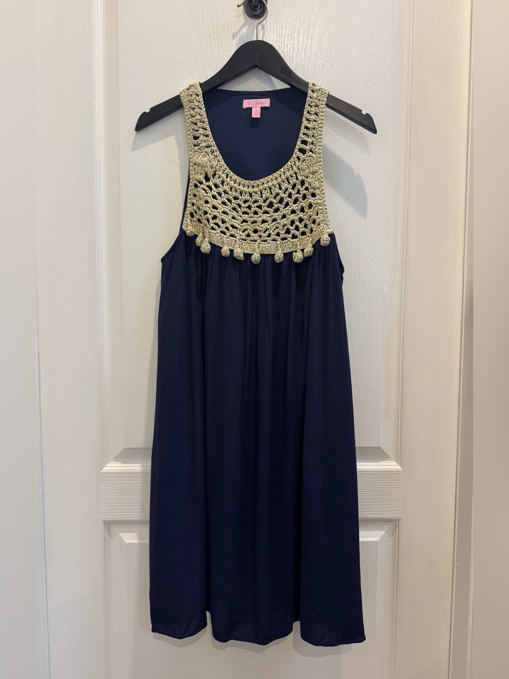 Lilly Pulitzer Navy Dress with Gold Crochet Yoke Detail